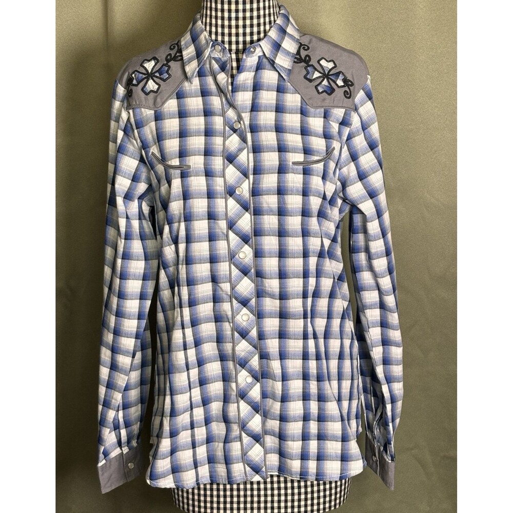 Roper Embroidered Western Top Women Size Medium Blue Plaid Pearl Snap
